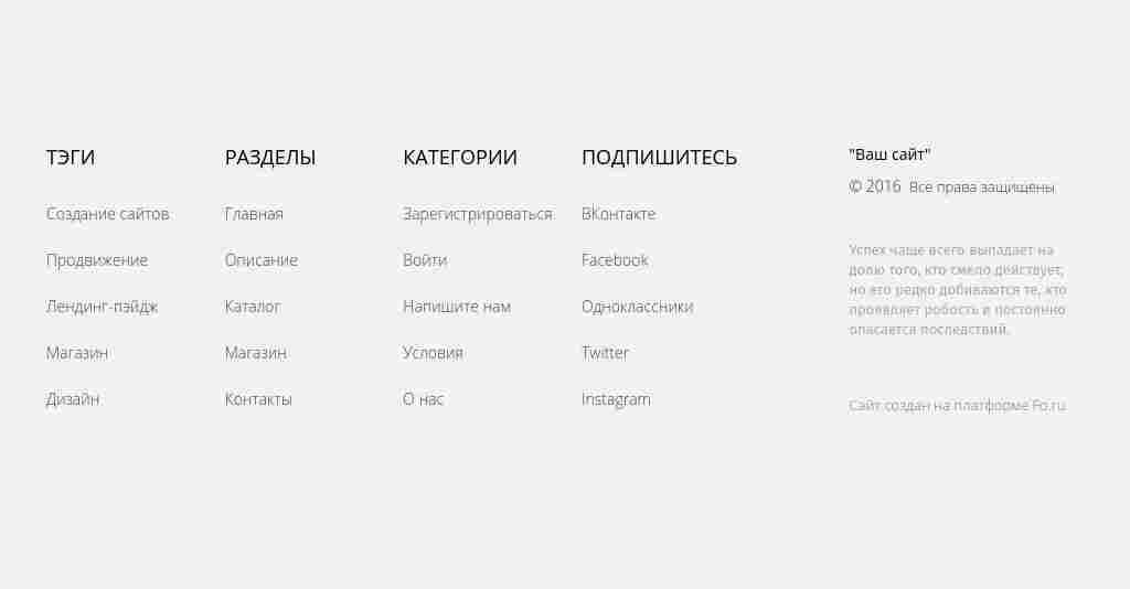 Футер-карта сайта в пять колонок — блок для сайта, конструктор Fo.ru