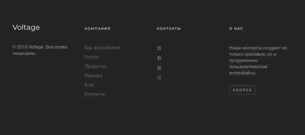 Тёмный футер-меню в четыре колонки — блок для сайта, конструктор Fo.ru